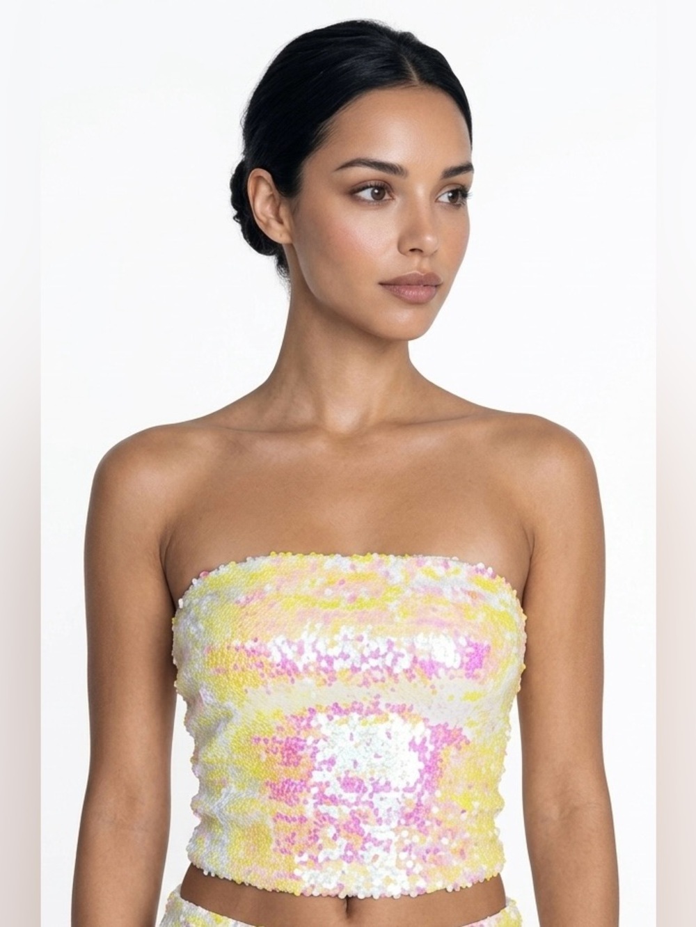 Sequin Strapless Tube Top in Pastel Yellow, White & Pink